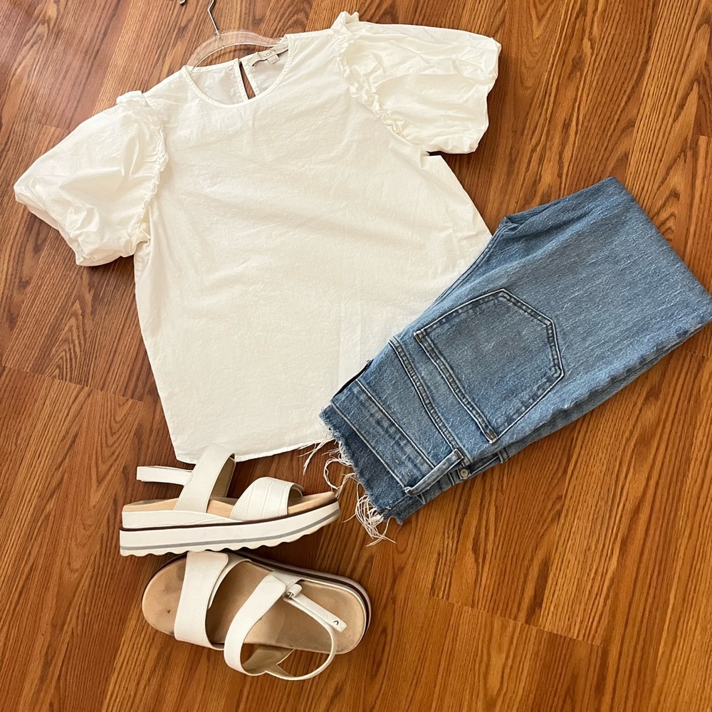 Ann Taylor LOFT white Puff Shoulder Blouse